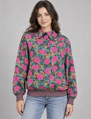 Vintage 80s 90s Russ Floral Blouson Blouse Silky Pink Rose Button Up 12